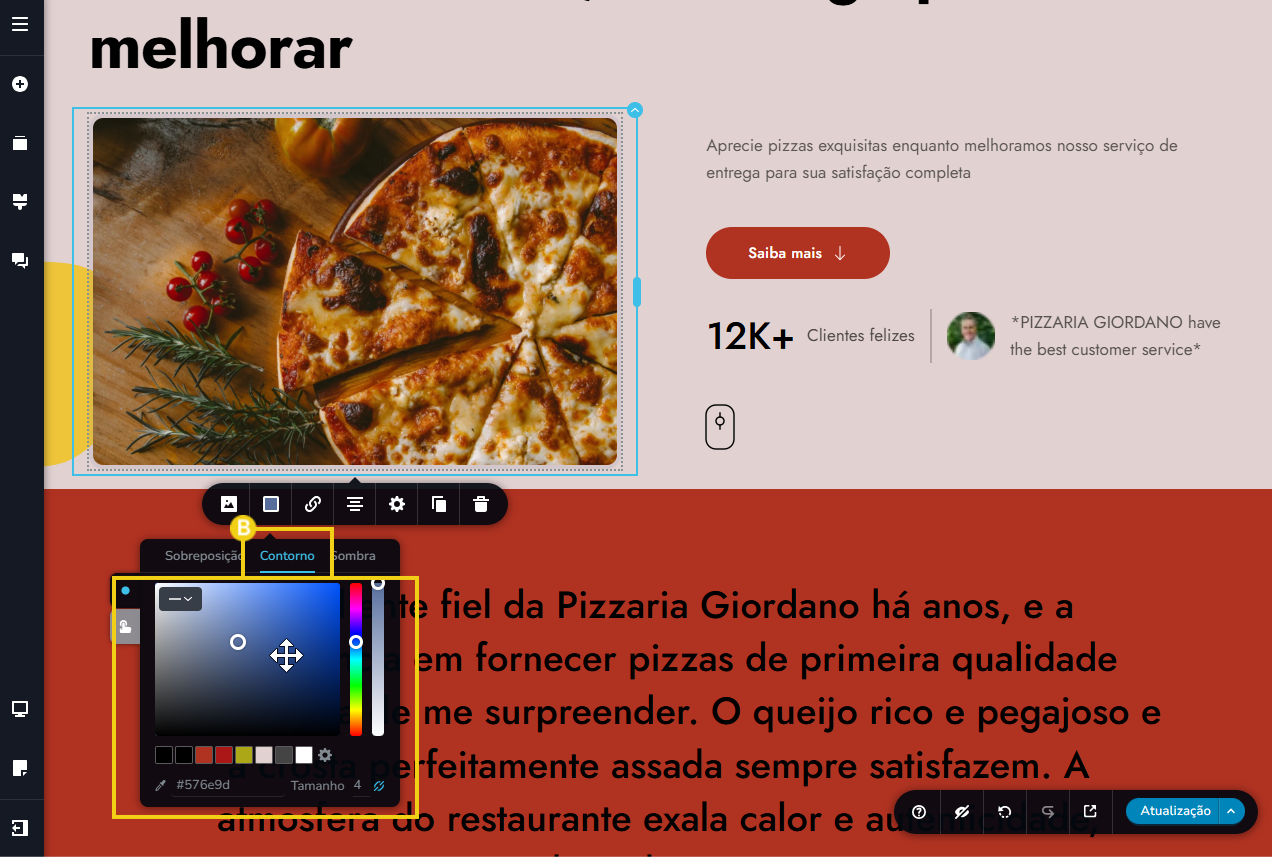 tela do editor criador de sites com ia, destacando o contorno da imagem