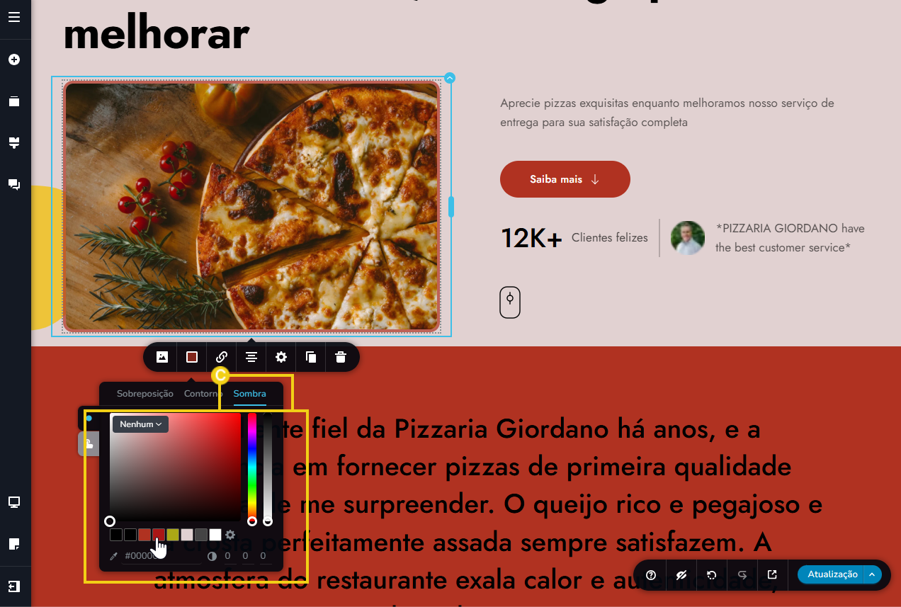 tela do editor criador de sites com ia, destacando a sombra