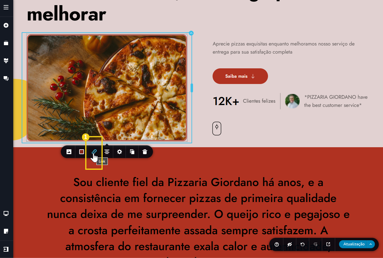 tela do editor criador de sites com ia, destacando o ícone de link