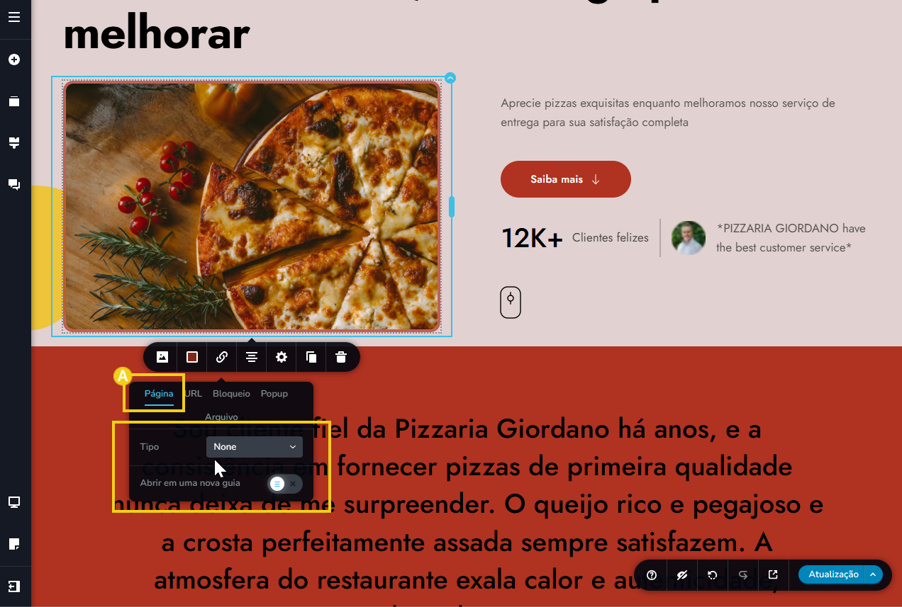 Tela do editor criador de sites com ia, destacando dentro do ícone de link o link de página