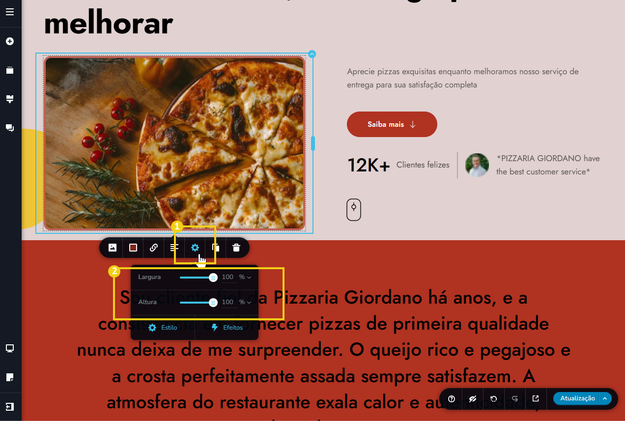 Tela do editor criador de sites com ia, destacando o configurar largura e altura