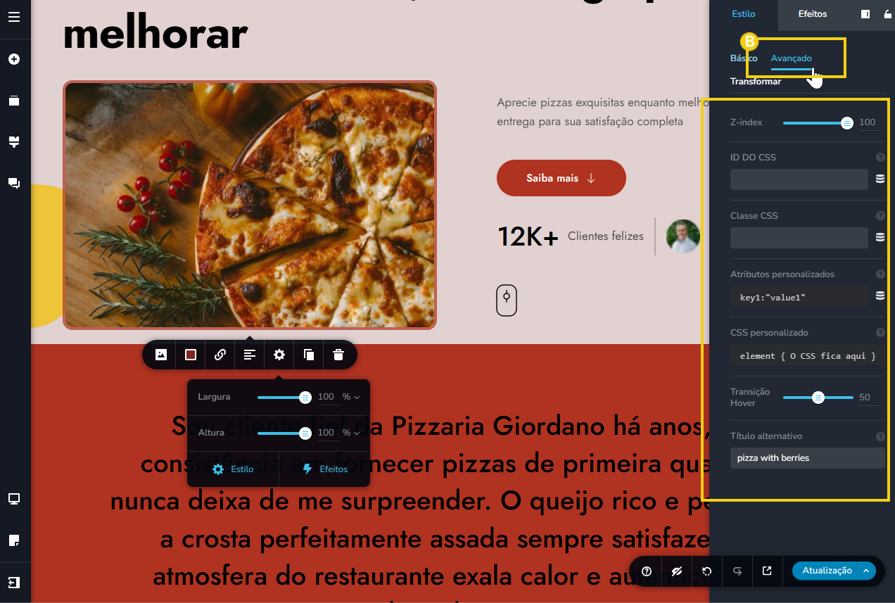Tela do editor criador de sites com ia, destacando o configurar estilo da imagem avançado