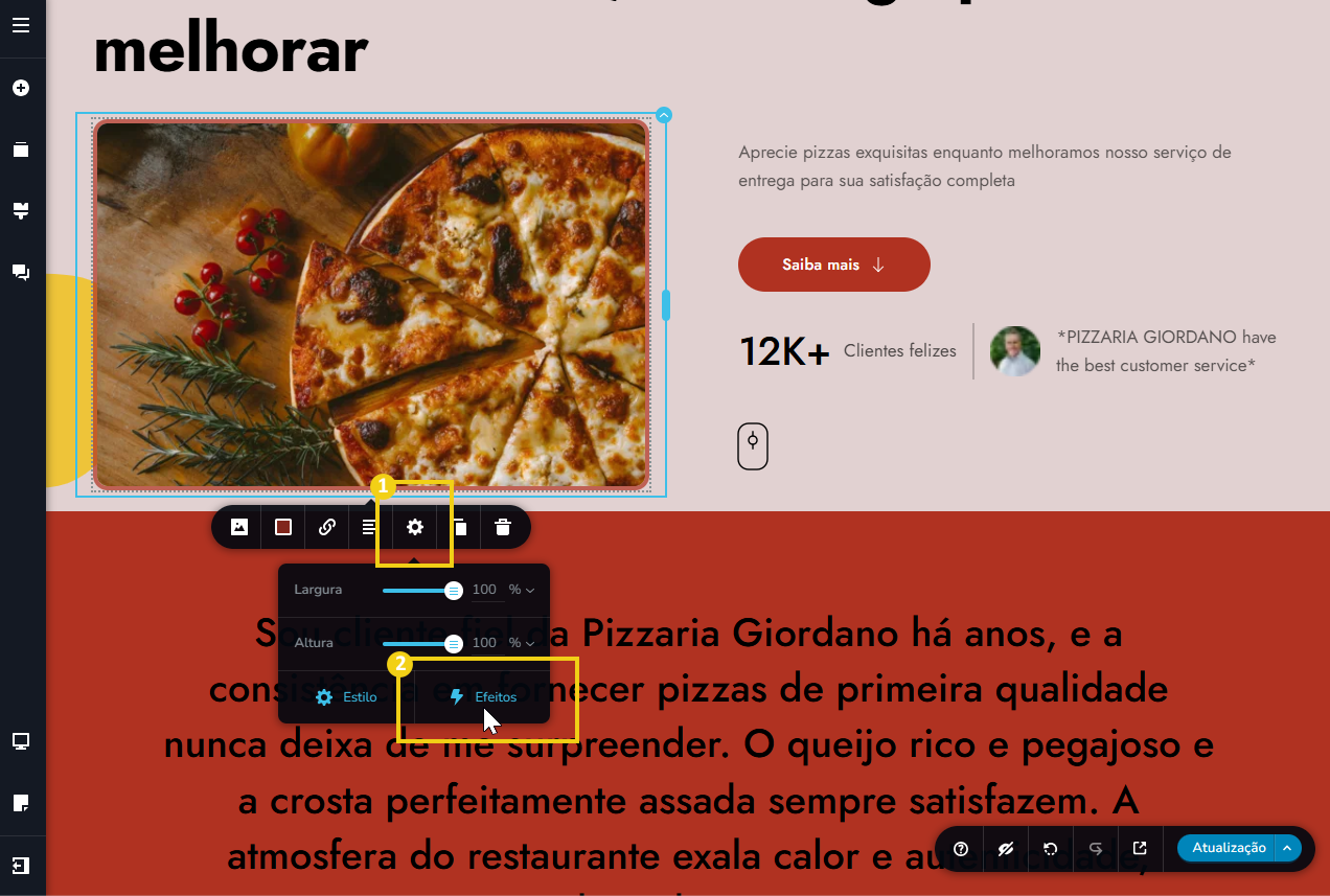Tela do editor criador de sites com ia, destacando o ícone de engrenagem o configurar efeitos