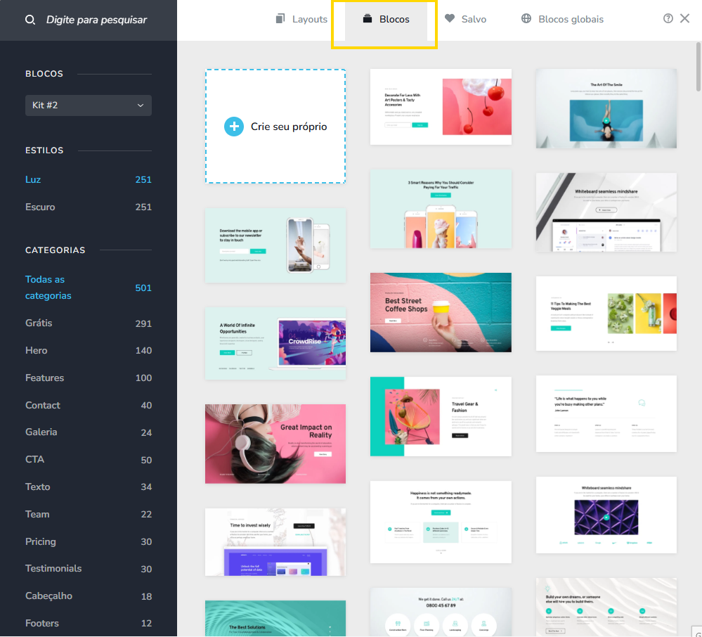 Imagem de uma plataforma de criação de blocos para montar sites de forma fácil e rápida, com várias opções de modelos para personalizar seus projetos online