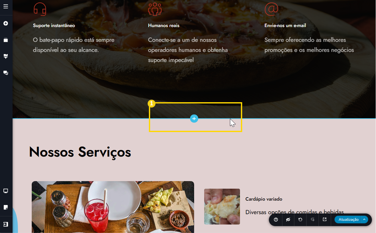 Imagem de um site de serviços de alimentação destacando opções de suporte ao cliente, humanas reais e envio de e-mail, com foco na palavra-chave otimizada.