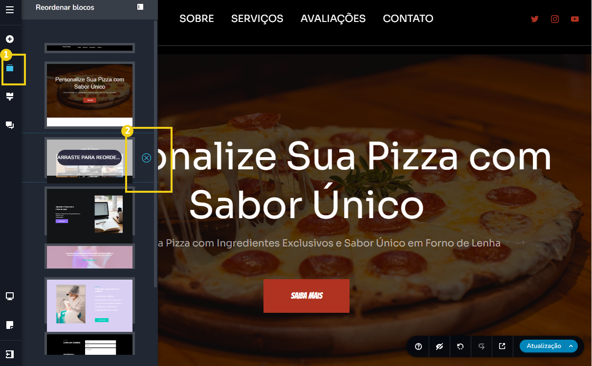 tela do editor de criação de site, destacando no menu lateral o ícone de retângulo azul  onde se mostra os blocos (seções) da pagina e o ícone de x para remover