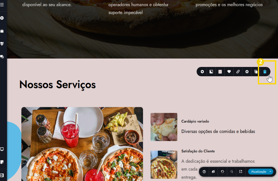 Tela do editor do criador de sites com ia, com destaque para o ícone de lixeira. 