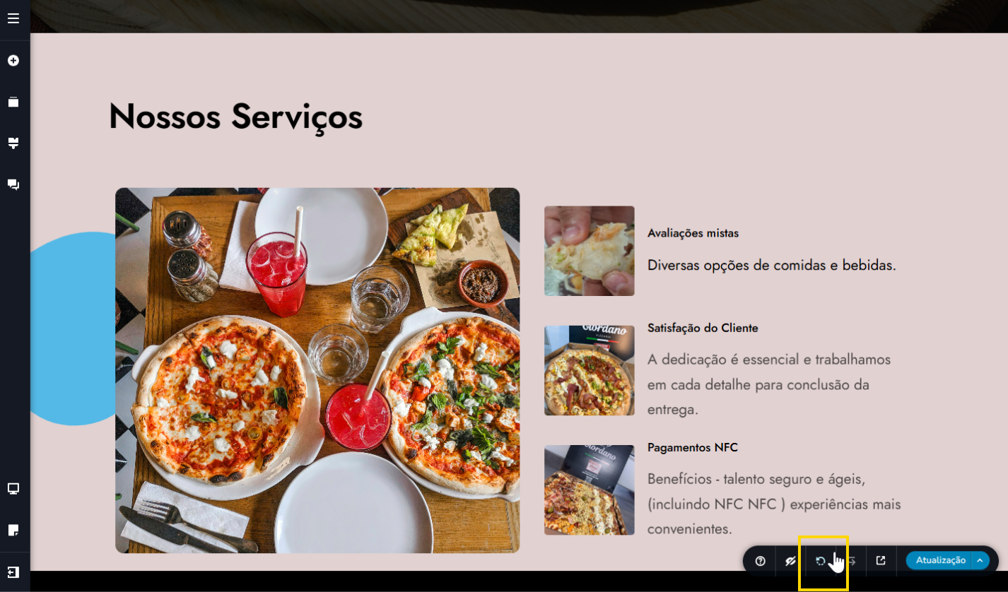 Tela do editor do criador de sites com ia, com destaque para o ícone de desfazer 