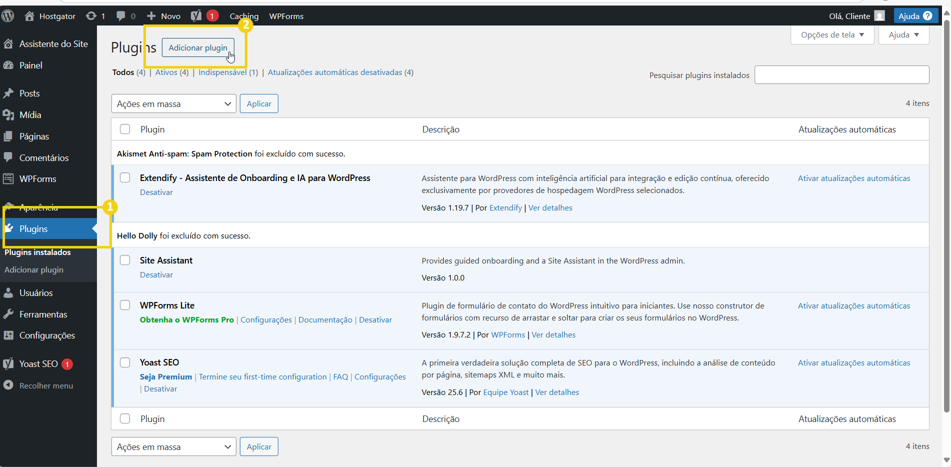 Local de um painel de administração do WordPress com destaque para a aba Plugins, mostrando opções de plugins ativados para otimização de sites.