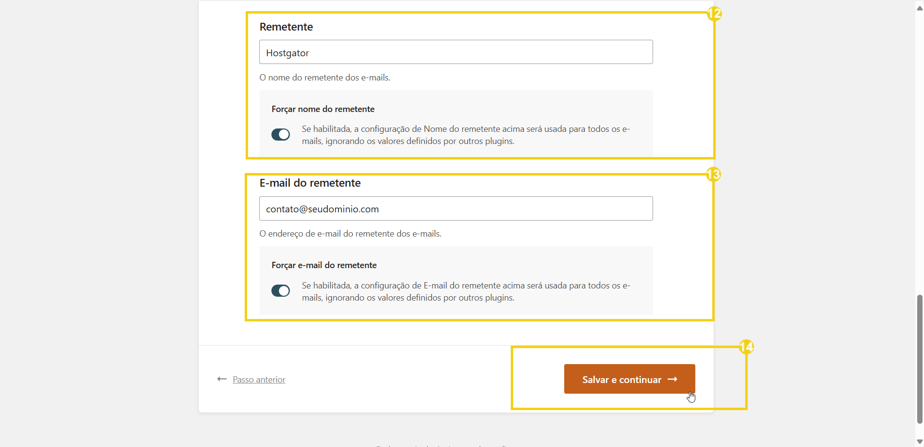 Imagem de configuração de remetente e e-mail no painel de controle, mostrando campos para nome do remetente, e-mail e botão de salvar. Ideal para quem quer aprender sobre configuração de remetentes de e-mails.