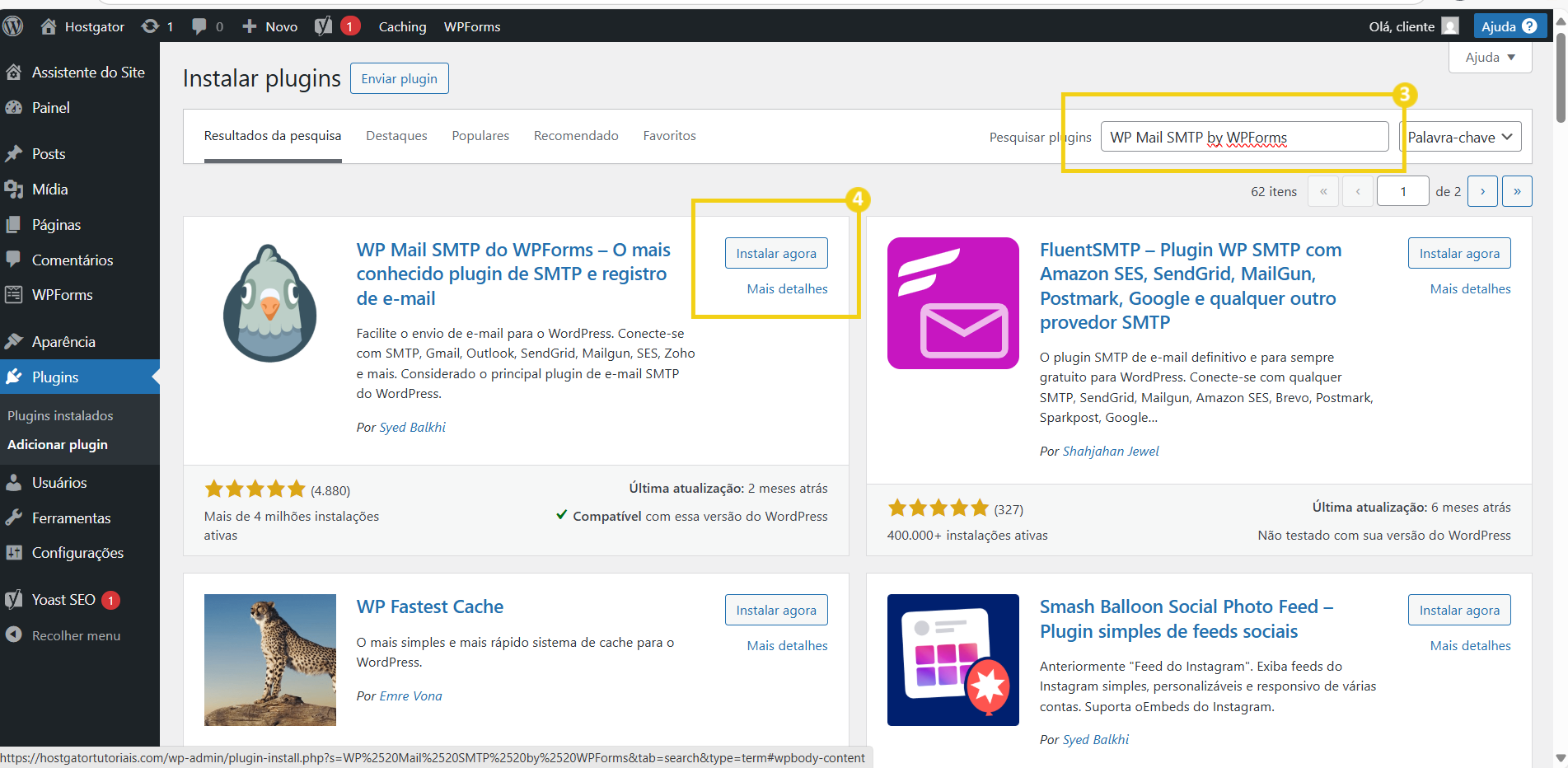 Imagem mostrando a interface do painel do WordPress na tela de instalação de plugins, destacando a busca pelo plugin WP Mail SMTP pelo nome na barra de pesquisa, com botões para instalar plugins e uma lista de plugins populares