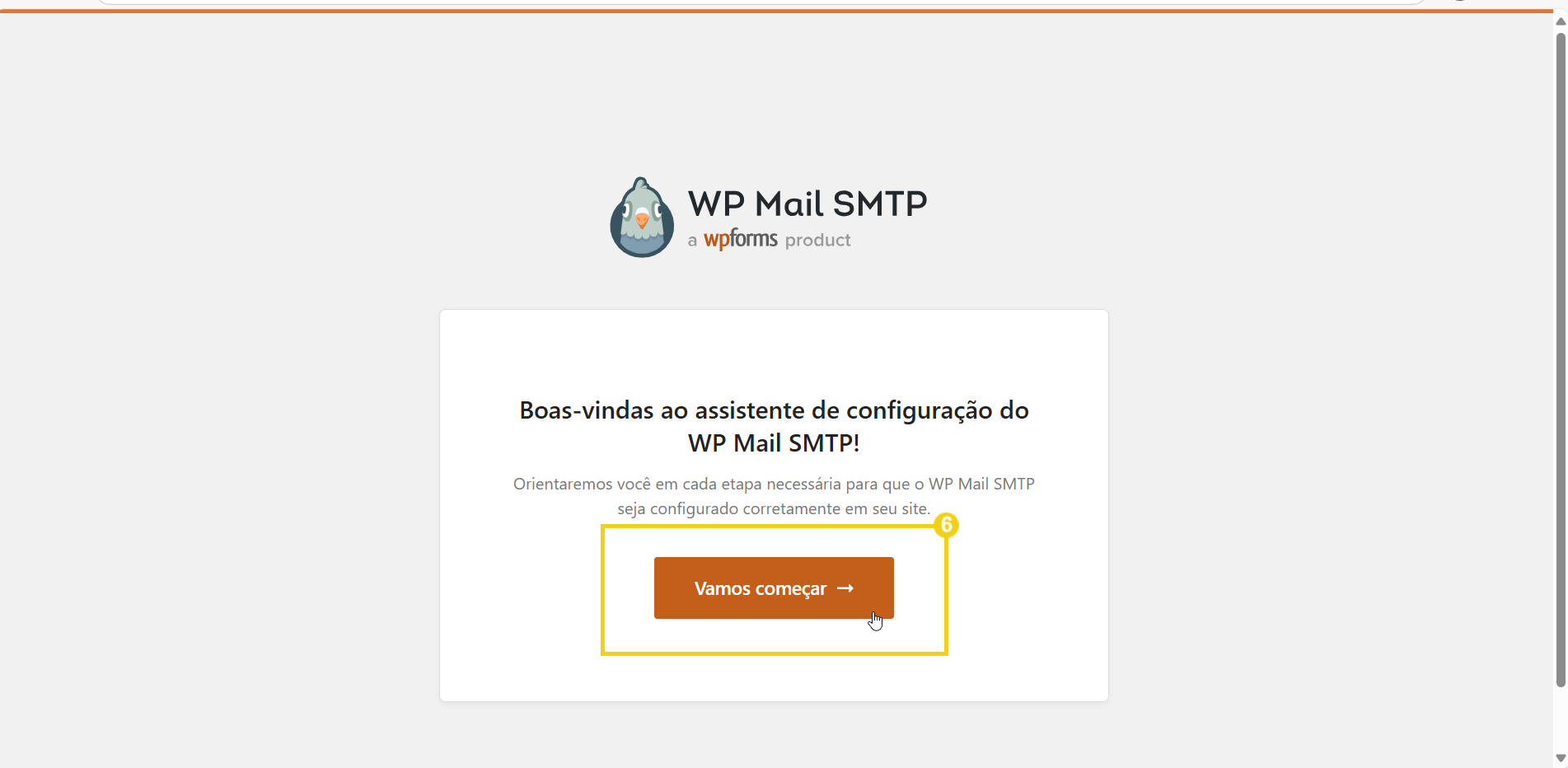 Tela de instalação do WP Mail SMTP mostrando o botão 'Vamos começar' para configuração do plugin de email para WordPress.