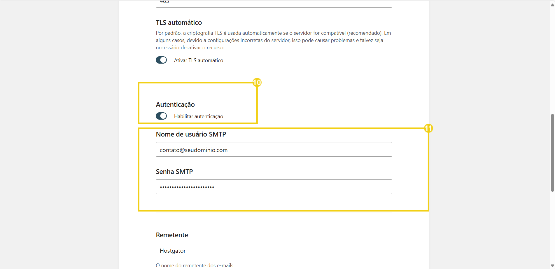 Configuração de SMTP para envio de e-mails, incluindo nome de usuário, senha e detalhes do remetente em uma interface de configuração de servidor.