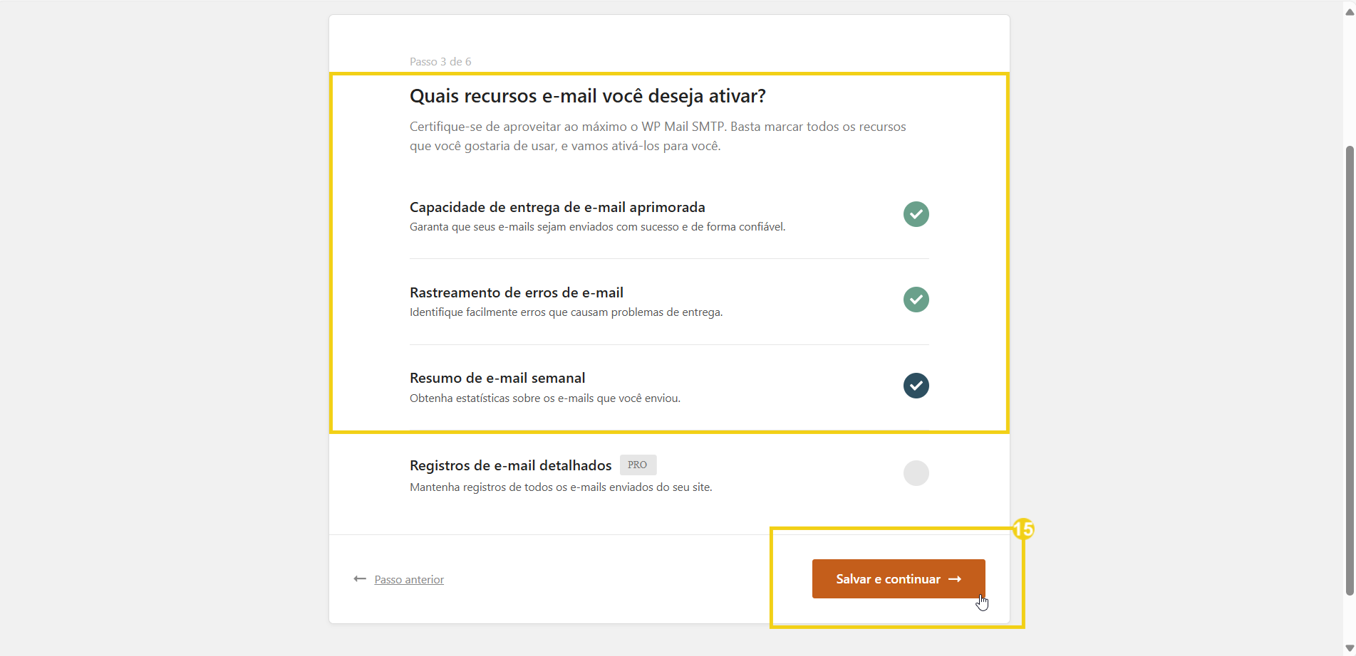 Configuração de recursos e-mail no WordPress Mail SMTP, incluindo entrega aprimorada, rastreamento de erros, resumo semanal e registros detalhados.