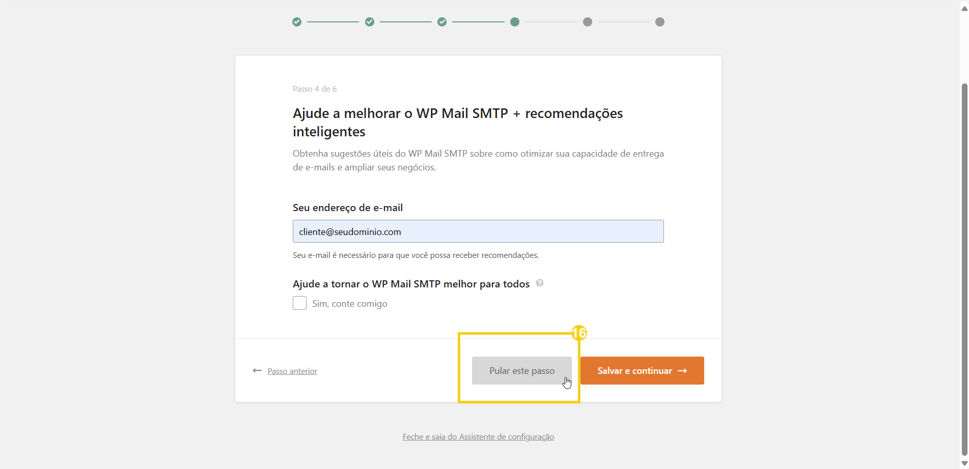 Tela de configuração do WP Mail SMTP com destaque para o botão 'Pular este passo' e opções de segurança para melhorar a entrega de e-mails no WordPress.