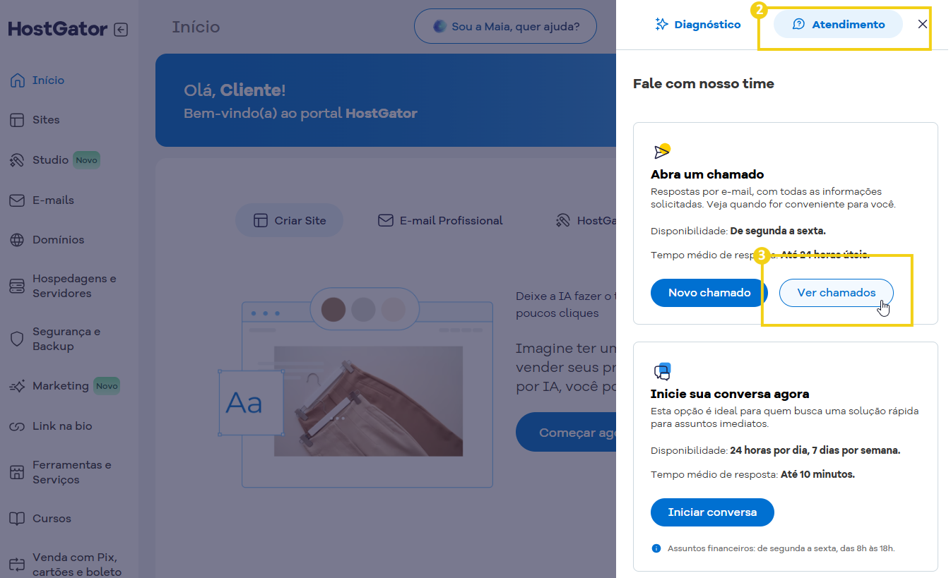 Tela do painel de controle do HostGator mostrando opções de atendimento ao cliente, como iniciar uma conversa ou abrir um chamado.