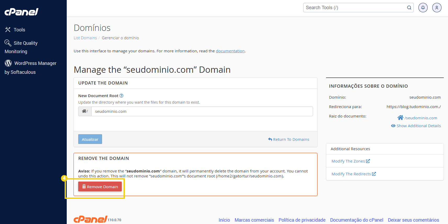 Imagem mostra a marcação no botão "Remove domain"