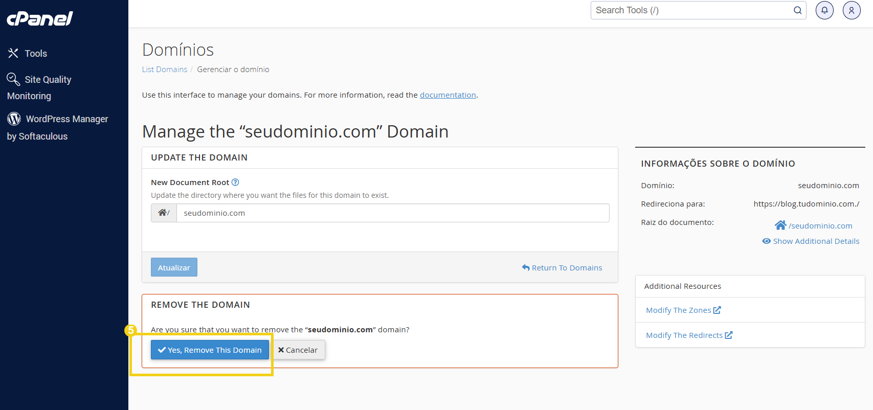 Imagem mostra a marcação no botão "Yes, remove the domain'