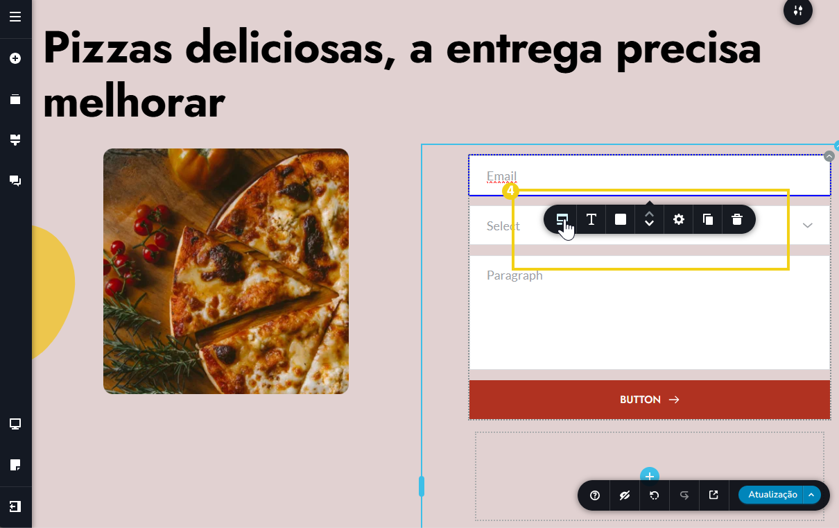 Tela do criador de sites novo com IA, mostrando o formulario dentro do site, destacando a barra de ferramentas do formulario