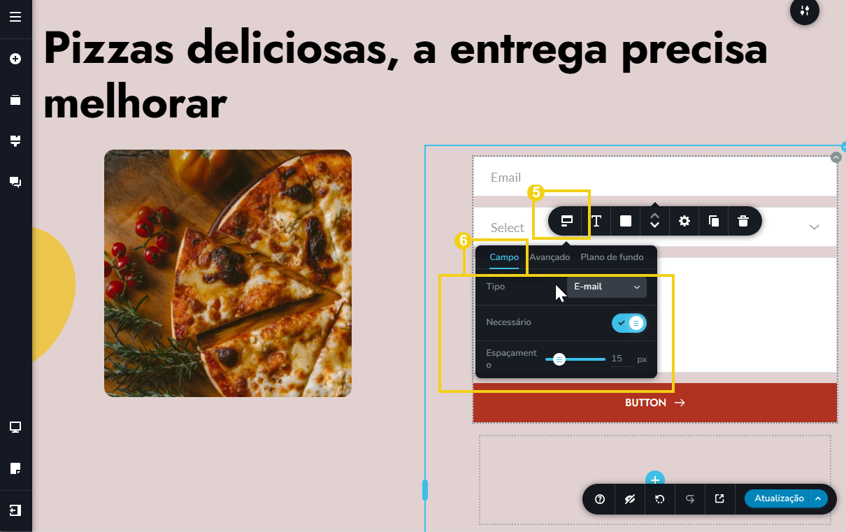 Tela do editor do novo criador de sites, mostrando a barra de ferramentas e a seção de campo