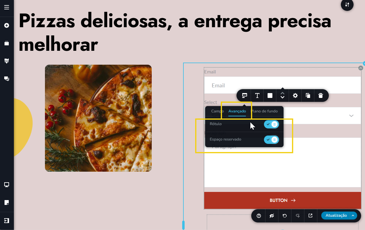 tela do editor do novo criador de sites com ia, mostrando dentro do menu de ferramentas o campo avançado para adicionar a descrição no campo