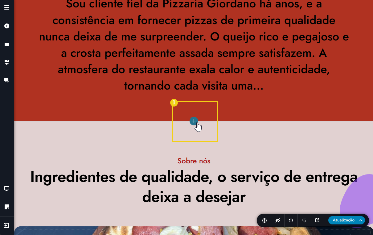 tela do editor do novo criador com ia, destacando o ícone + entre seções para adicionar um novo bloco