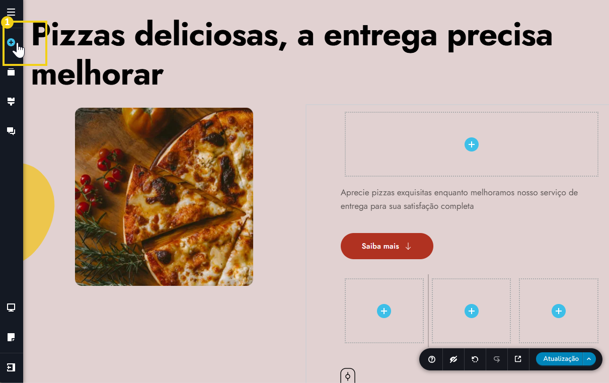 Tela do editor do novo criador de sites com ia, destacando no menu lateral o ícone de adicionar elemento "+"