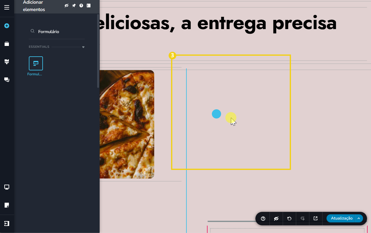 Tela do editor do novo criador de sites mostrando como arrastrar e soltar o formulario no bloco (seção) que deseja