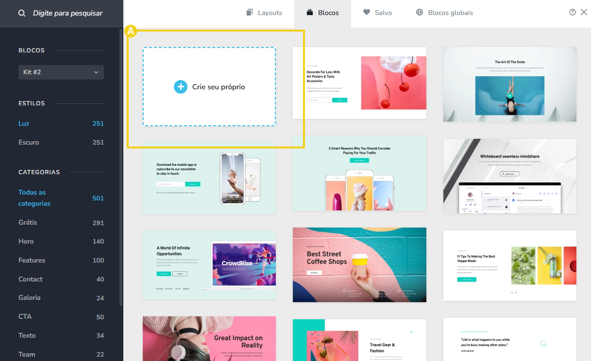tela do editor do novo criador de sites com ia, destacando na parte de blocos, o botão para criar próprio formulario