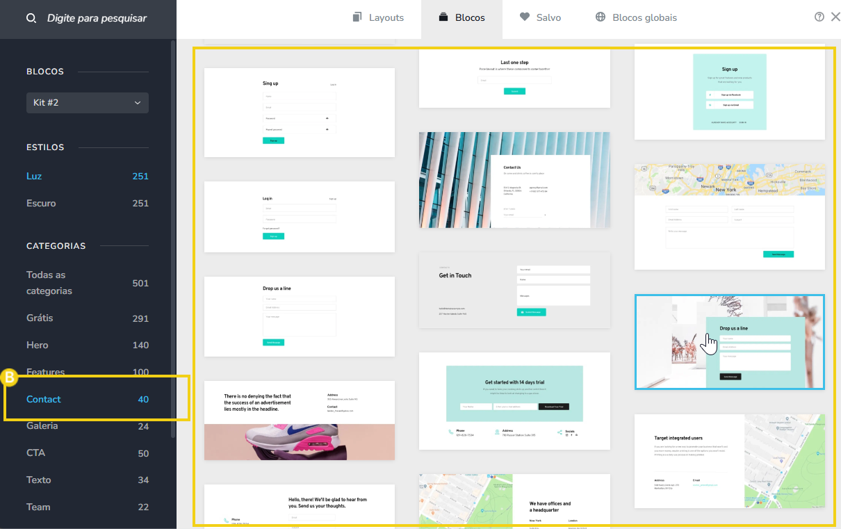 Tela do Editor do novo criador de sites com ia, mostrando o escolher um modelo pronto de formulario