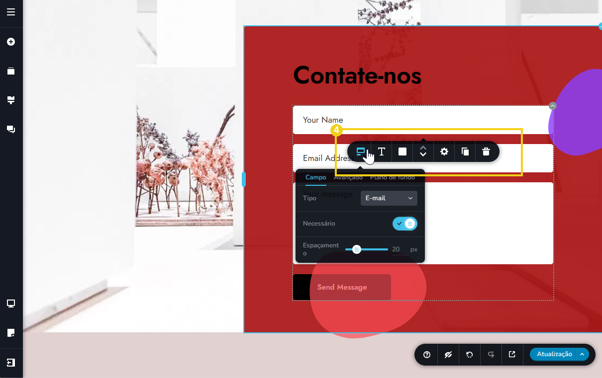 tela do editor do criador de sites com ia, mostrando a barra de ferramentas de edição do formulario
