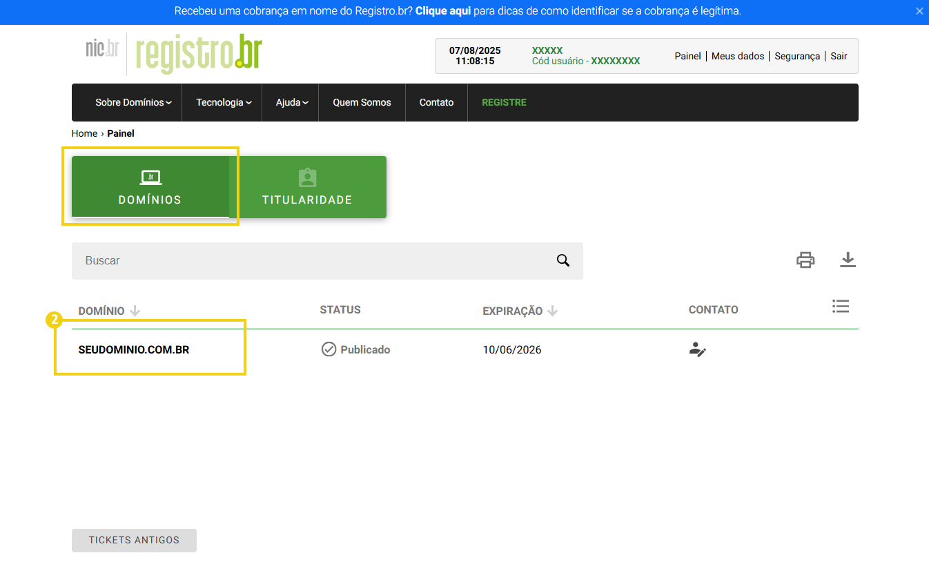 Tela de gerenciamento de domínios no site registro.br com domínio registrado e status publicado, destacando opções de domínio e titulidade.