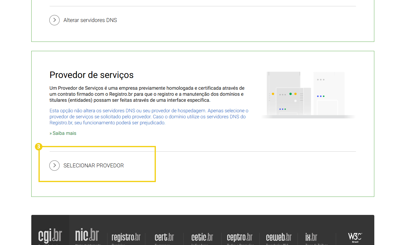 Imagem mostrando a interface de alteração de servidores DNS do site Registro.br, com destaque para o botão 'Selecionar Provedor'.