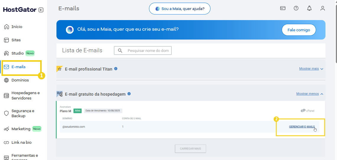 Tela do painel de gerenciamento de e-mails no HostGator, destacando a opção 'Gerenciar E-mails' para configurar e-mails profissionais e gratuitos.