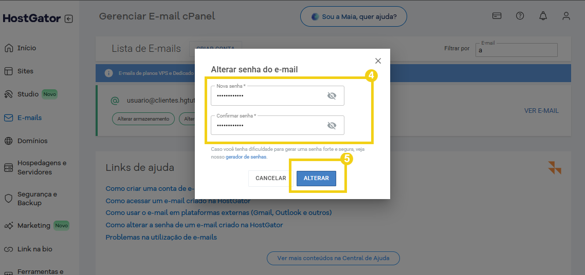 Tela mostrando o processo de alteração de senha de e-mail na plataforma HostGator, com destaque para os campos de nova senha, confirmação de senha e botão de alteração.
