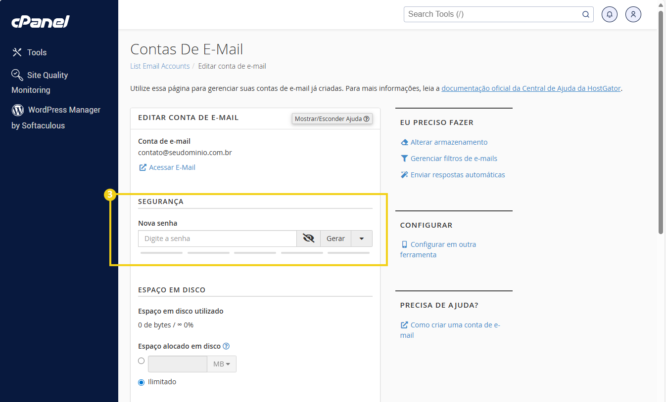 Página de configurações de e-mail no cPanel mostrando opções de segurança, como troca de senha e gerenciamento de filtros de e-mail.
