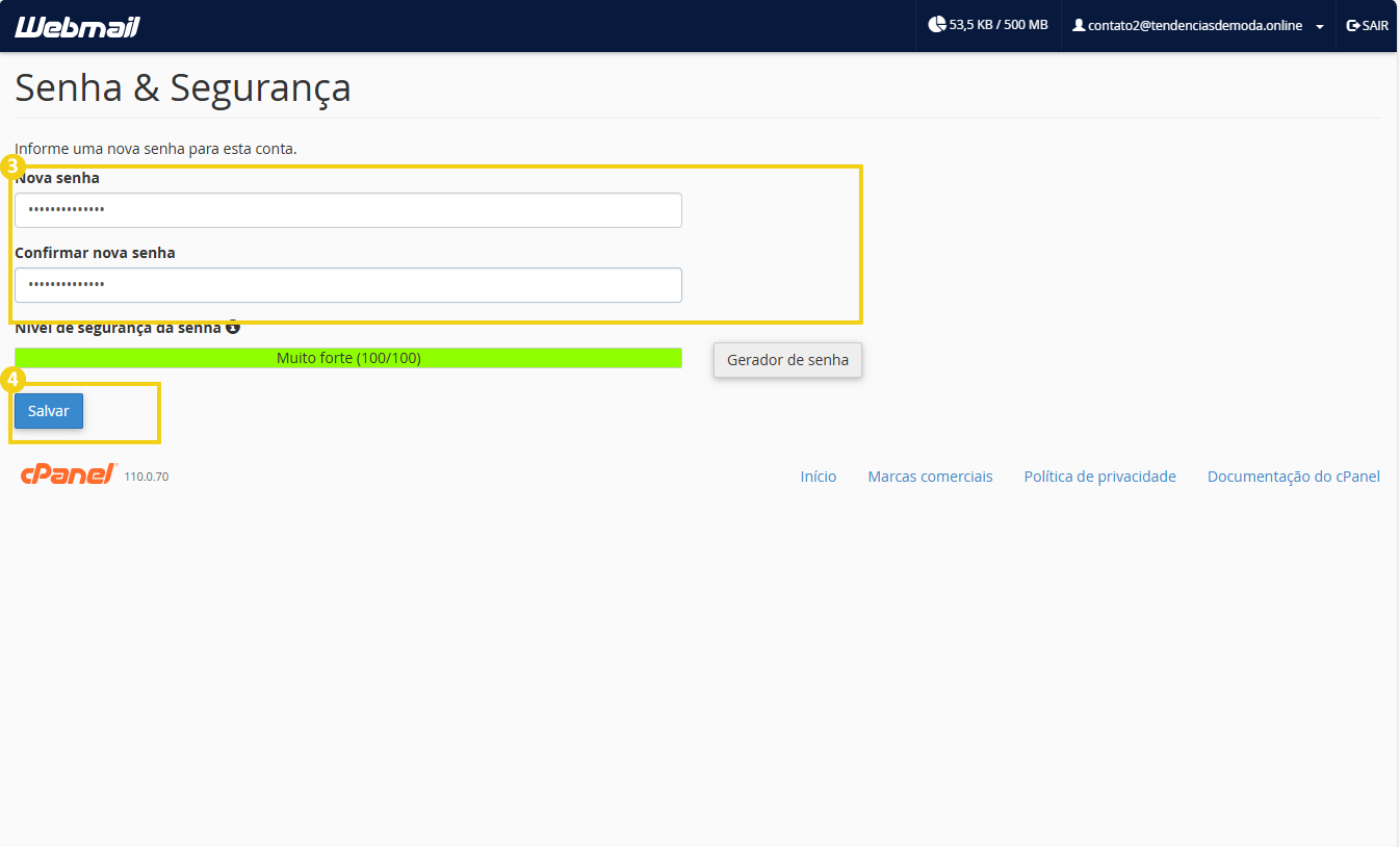 Tela de alteração de senha na conta de email Webmail, mostrando campos para nova senha e confirmação, com nível de segurança forte.