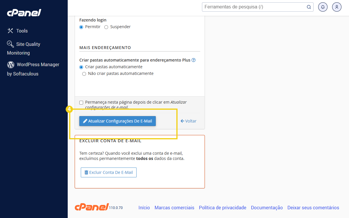 Tela de configuração de e-mail no cPanel, exibindo a opção de atualizar configurações e excluir conta de e-mail