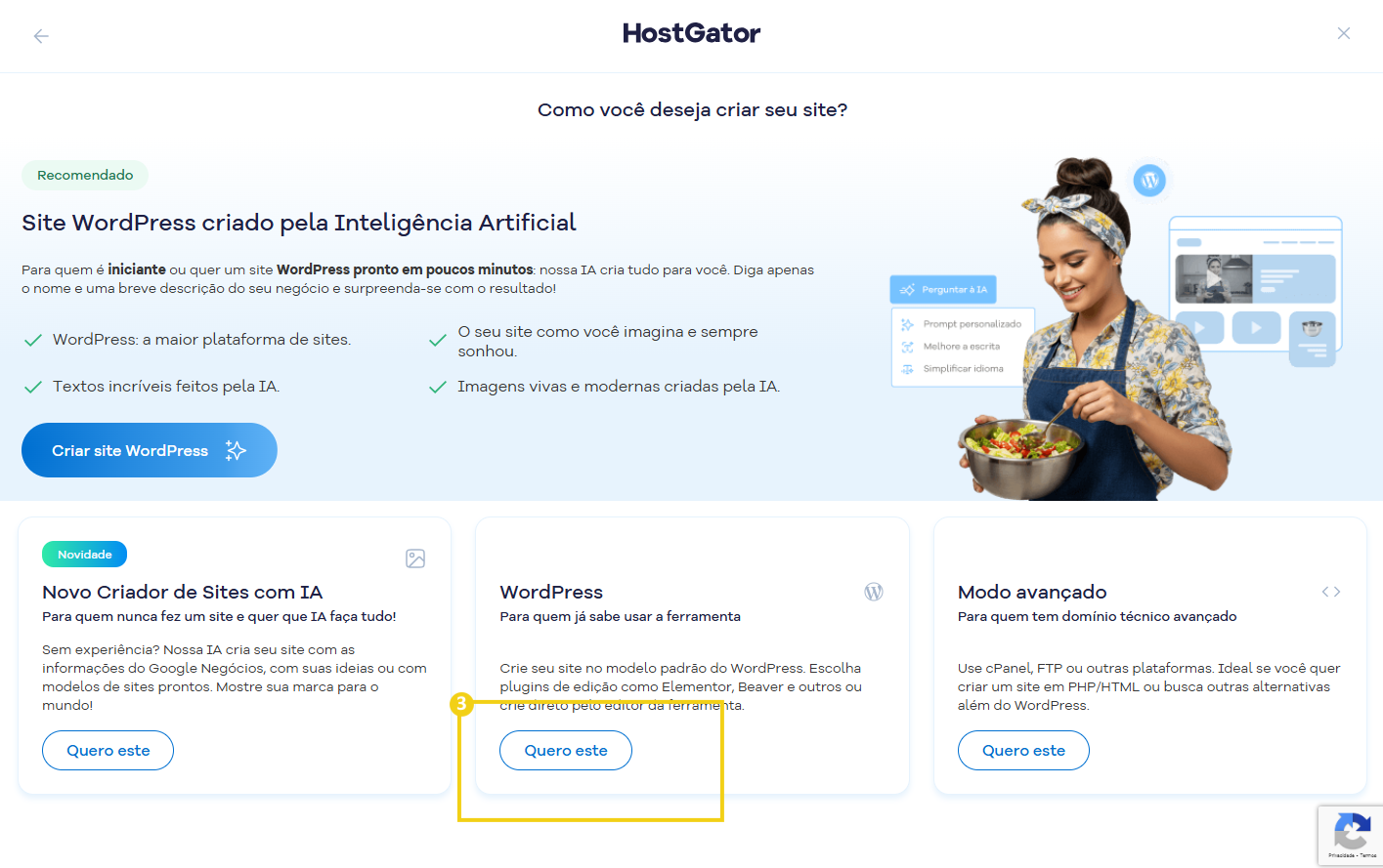 Imagem de uma interface do HostGator apresentando opções para criar sites com inteligência artificial, incluindo templates para WordPress e modo avançado.