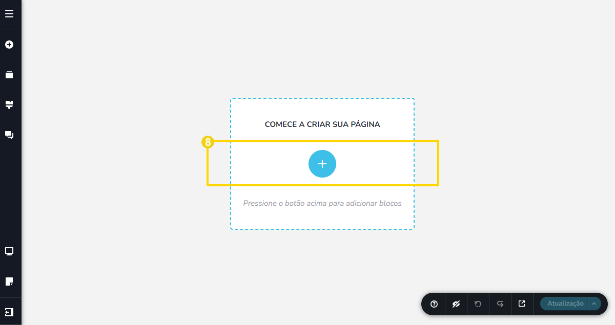 Interface de criação de página ou site, com botão azul de adição centralizado e espaço para inserção de conteúdos, ideal para iniciantes.