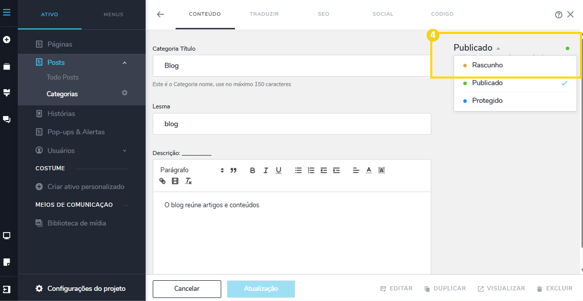 Imagem de uma tela de edição de blog mostrando opções para publicar e otimizar conteúdo para SEO.