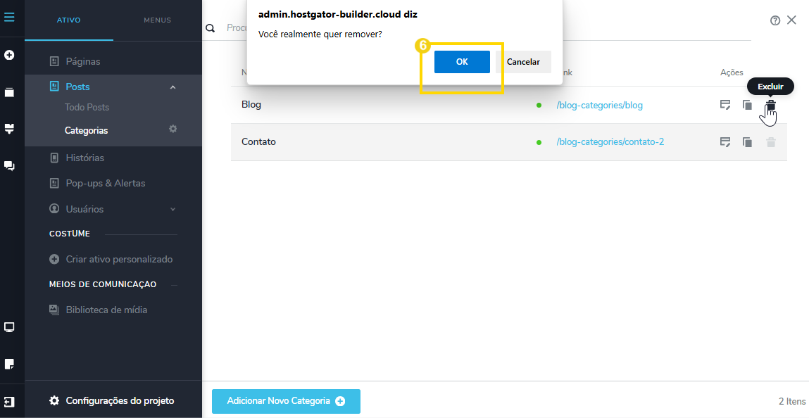 Captura de tela do painel de controle do WordPress mostrando a exclusão de uma categoria de blog, com o botão de confirmar a remoção em destaque.