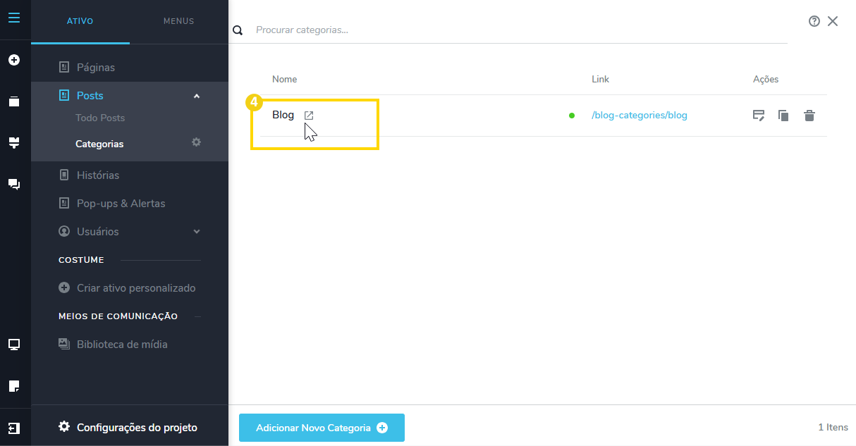Tela de painel de controle mostrando a adição de uma nova categoria de blog em uma plataforma de gerenciamento de conteúdo, destacando a opção de marcar a caixa de seleção para criar uma nova categoria.