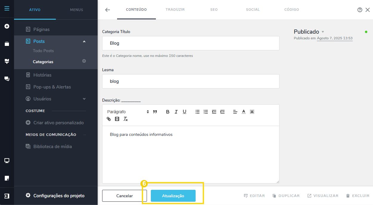 Imagem de uma interface de edição de post no sistema de gerenciamento de conteúdo, destacando opções de categorias e configuração do conteúdo para blogs.