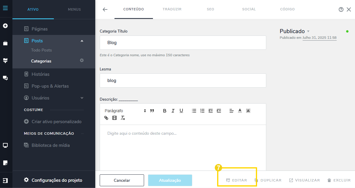 Captura de tela de uma plataforma de gerenciamento de conteúdo, mostrando a criação ou edição de um post de blog com opções de edição de texto e categorias.