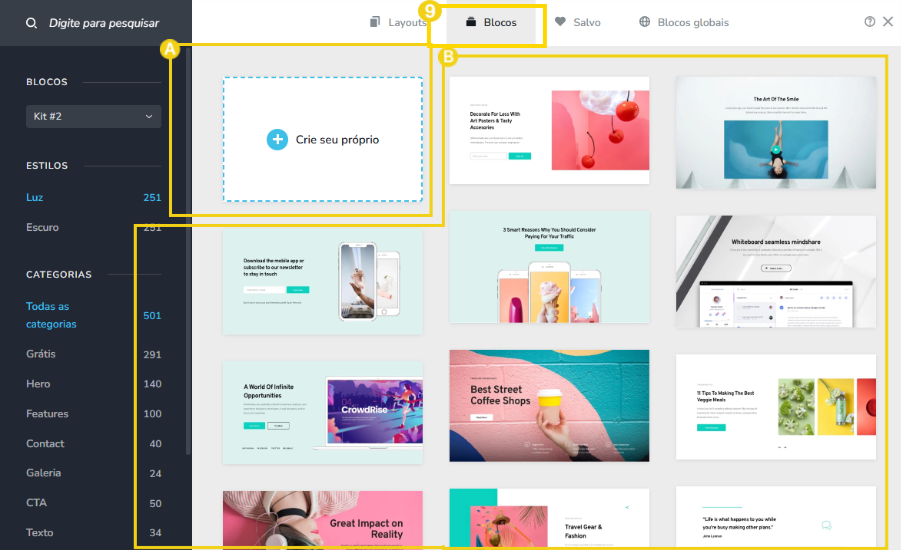Imagem que mostra uma interface de edição de projetos digitais, com destaque para a seção de blocos e templates de design em um editor online.