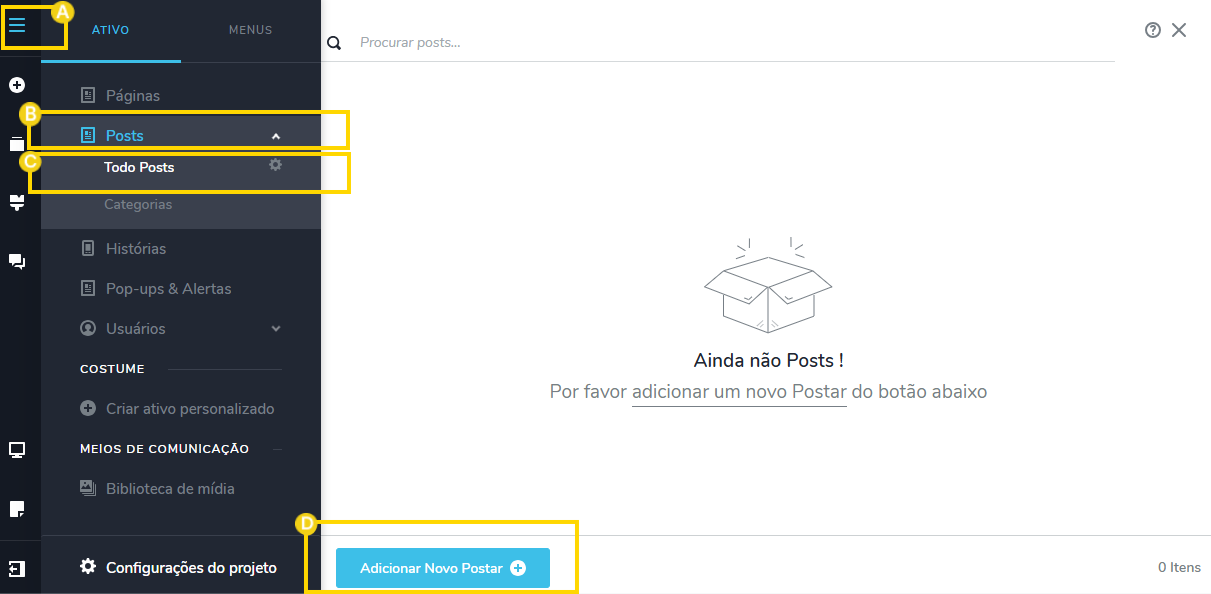 Interface de gerenciamento de posts em uma plataforma digital, com destaque para o botão 'Adicionar Novo Post' e menu de navegação lateral.