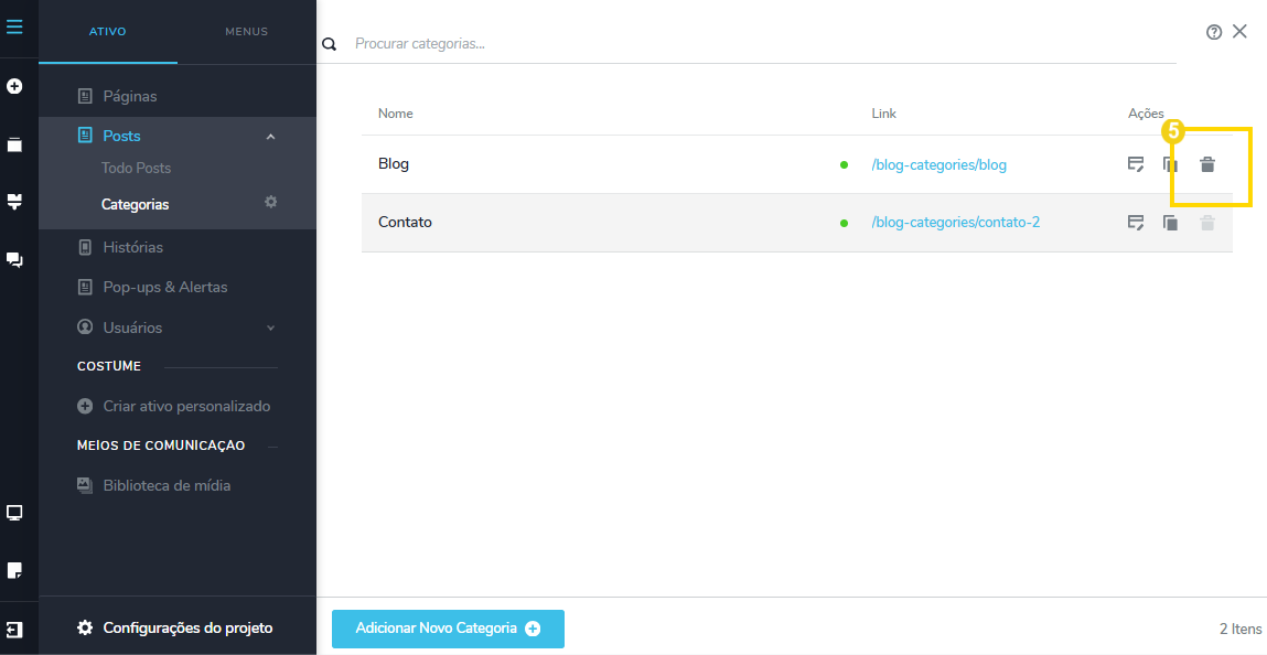 Descrição de uma interface de administração de site na plataforma WordPress, exibindo categorias de blog e contato, com destaque para opções de gerenciamento.
