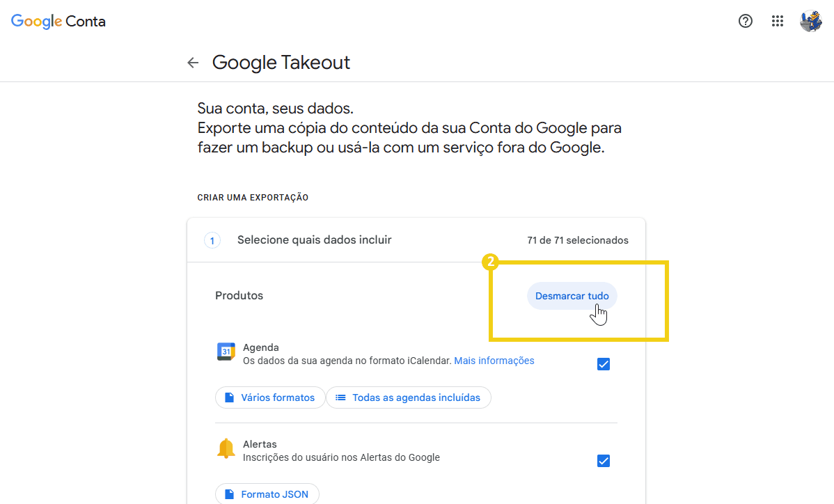 Tela de configuração do Google Takeout mostrando a opção de desmarcar todos os produtos para exportação de backup de e-mail 