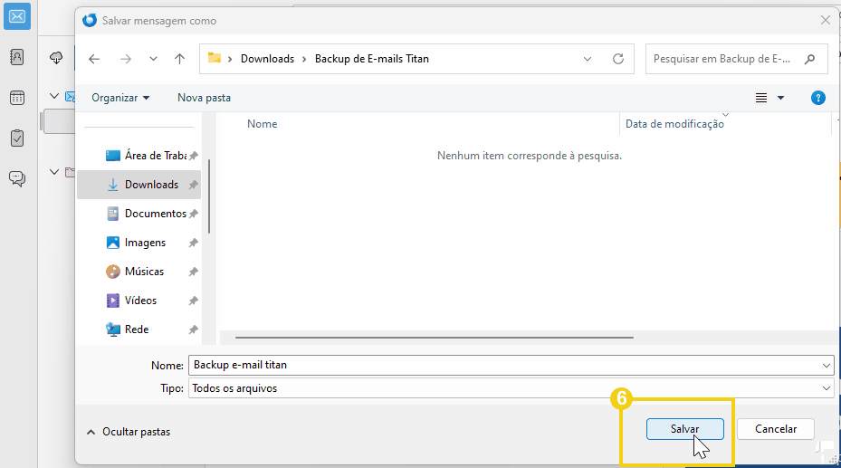 Imagem de uma pasta de backup de e-mails chamada 'Backup email titan' no computador, mostrando o processo de salvar uma cópia de segurança de e-mails através do thunderbird.